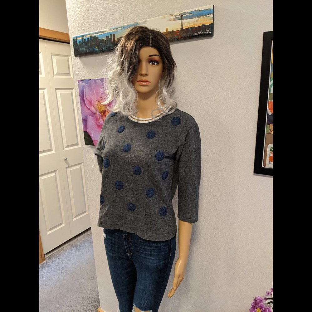 Gap Long Sleeve Gray w/ Blue Sparkle Polka Dots Loose Fitted Top Size XS